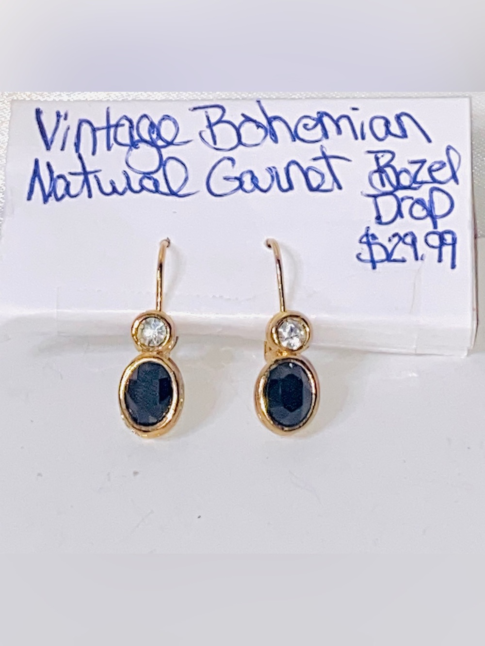 Gold-Tone Drop Earrings with Deep Wine colored Garnets